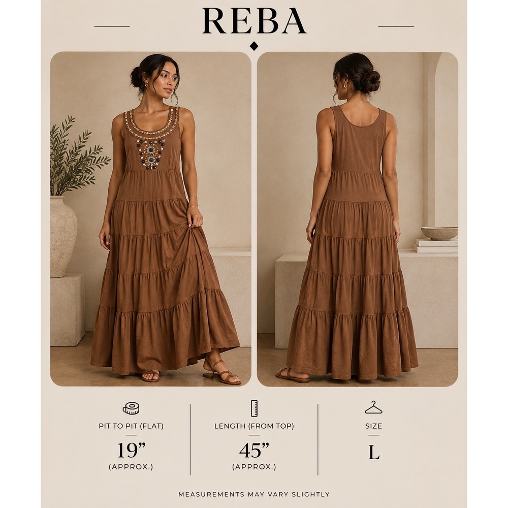 Reba Brown Tiered Maxi Dress Large Embellished Beaded Boho Sleeveless Jersey